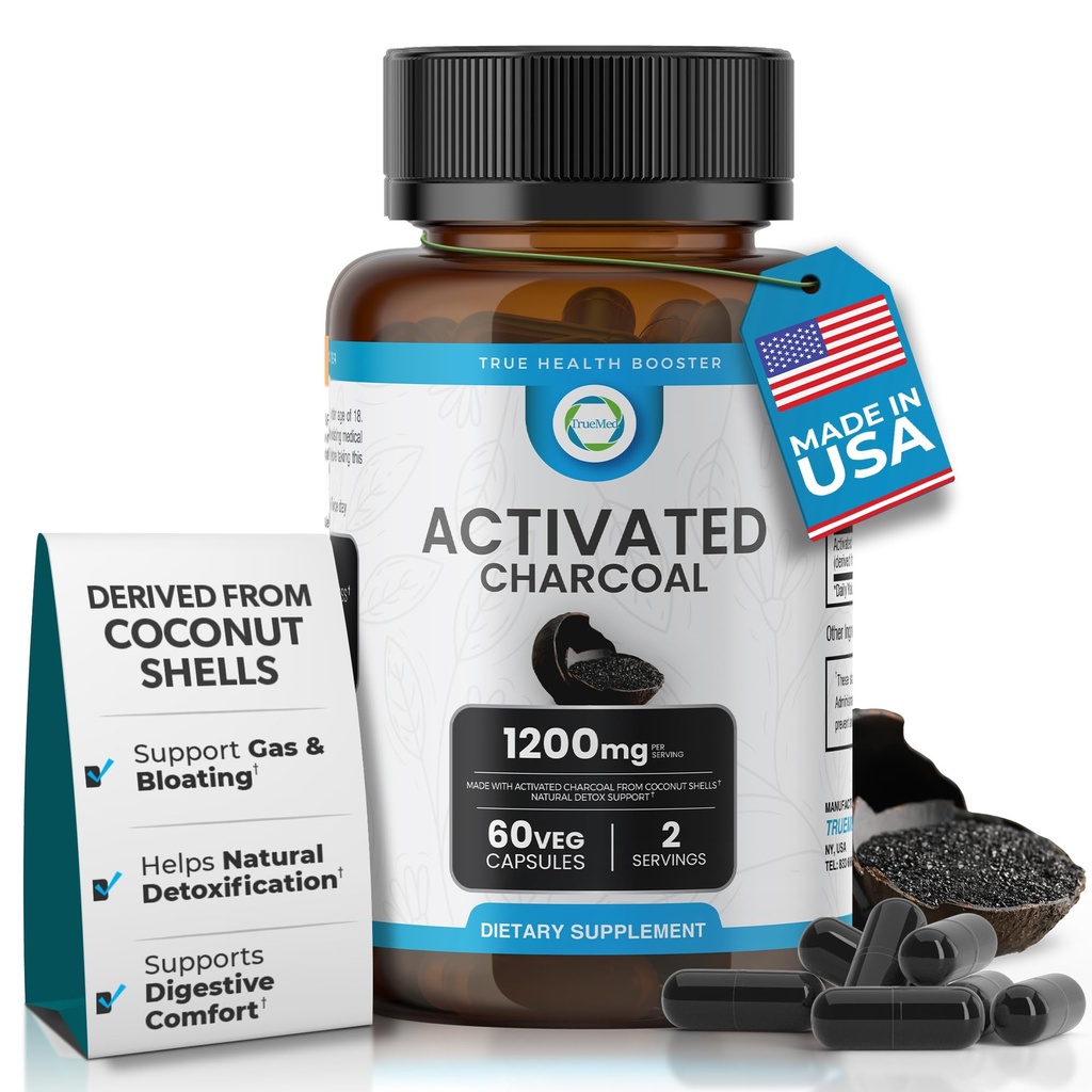 Diaktifkan Charcoal Capsules 1200 MG, 60 Veg Caps, 30- Days Premium Detox & Digetical Dukungan, Gas & Bloting Relief, Organik Coconut Shell Charcoice, Gut Health, USA Made.