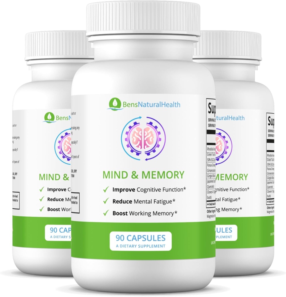 Ben 's Natural Health Mind & Memory Suplement, Nootropic Brain Support with Rhodiola, Green Tea, Cloves & Quercetin, 90 Kapsul, 3 Pack