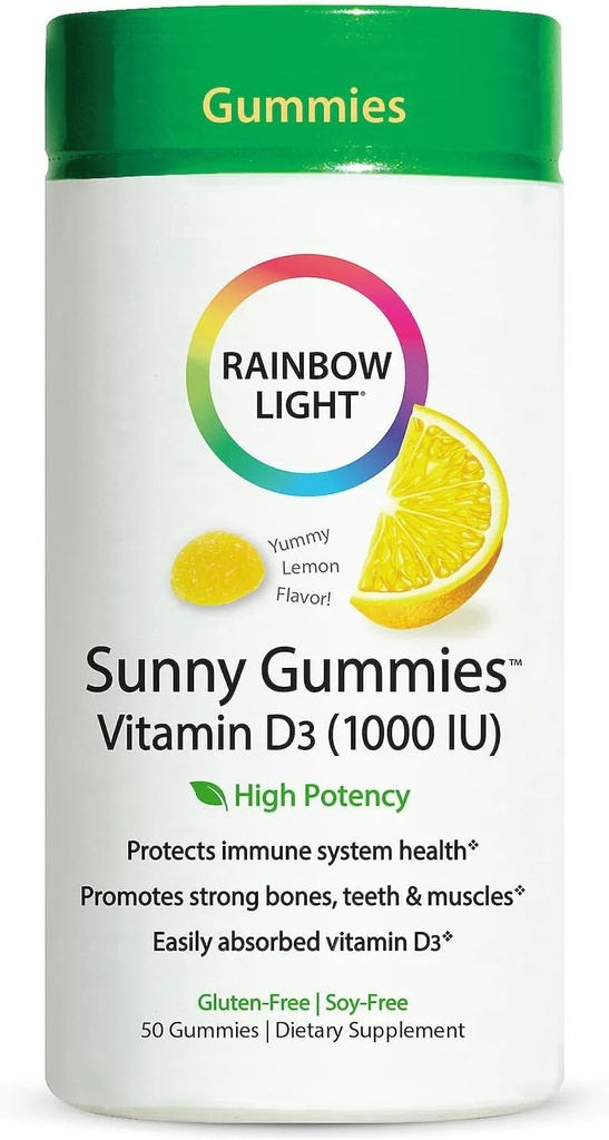 Rainbow Light - Sunny Gummies Vitamin D3 1000 IU, Dukungan untuk Healthy Bones, Muscles, dan Imunity in a Family-Friendly Chelable dengan Vitamin D3, Soy- Free, Gluten- Free, Sour Lemon, 50 Gummy Drops