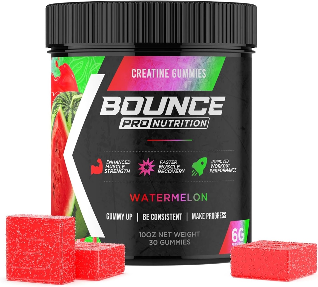 Bounce Pro Creatine Monohydrate Gummies for Men & Women, Low Calorie, 6G of Creatine per Serving, Vegan, Anti- Melting, Gluten- Free, Non-GMO, 2g of Creatine per Gummy (30ct, Watermelon)