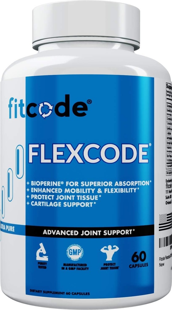 fitcode Flexcode Ultra Premium Joint Dukung, Glucosamine, Turmeric, MSM, Chondroitin, Acid Hyaluronic, Gluten- Free, for Men and Women (30 pelayan)