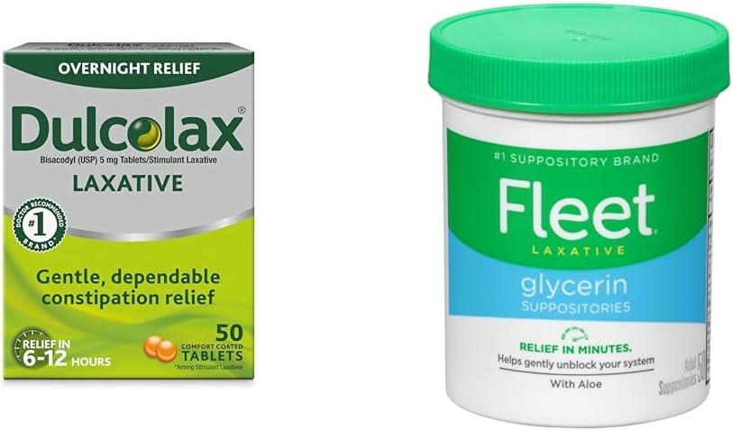 Dulcolax Overnight Relief Laxative for Gentle Constipation Relief, Bisaceyl 5 mg Tablets, 50 Count & Fleet & Fleative Glycerin Supportation for Adult Constipation, Adult Laxative Jar Aloe Vera, 50 Ct