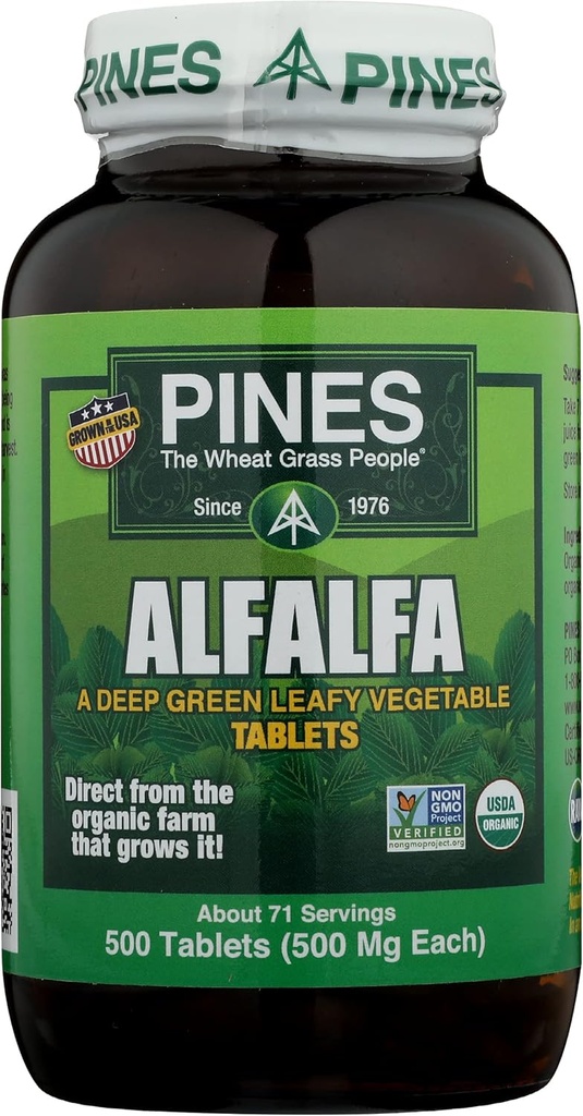 Pines Alfalfa Tablet, The Green Superfood, USDA Organik, Gluten Free & Non- GMO, 500mg Masing-masing, 500 tablet