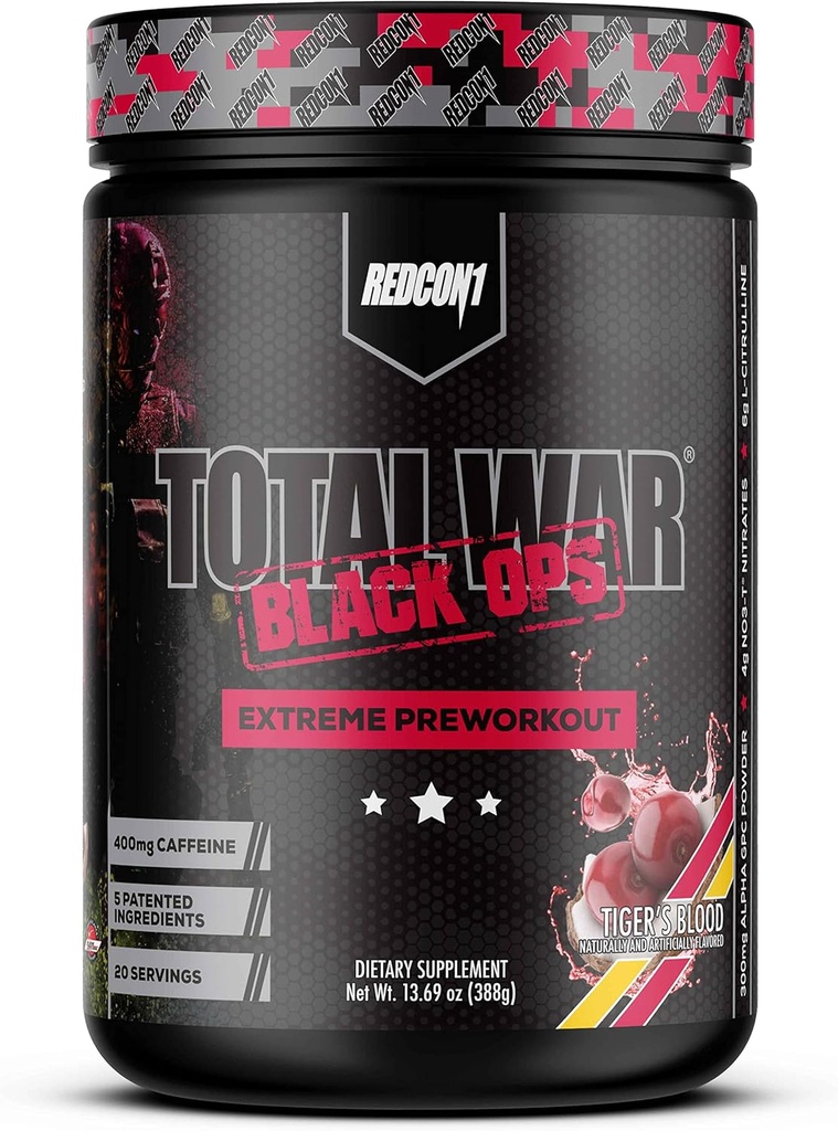 REDCON1 Total War Black Ops Extreme Powder, Tigers Blood, High Stimulant, 400 mg Caffeine, NO3- T Nitrate + L- Citrulline, Increase Blood Flow, Muscle Pumps (20 Pelayan)
