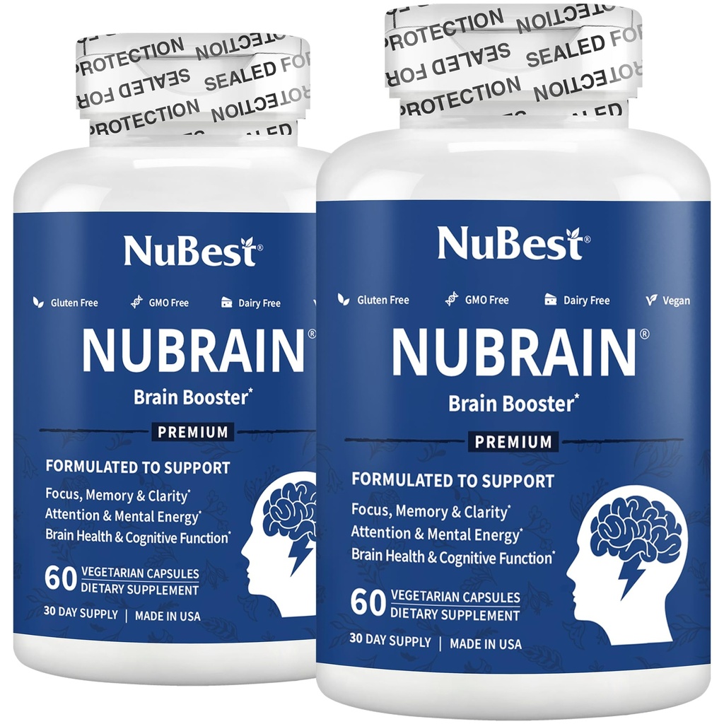 NuBrain Booster - Suplemen Otak untuk Brain Booster, Memory, Fokus & Kejelasan Dukungan dengan St John 's Welt, Ginkgo Biloba, Bacopa & More 124; Pack 2