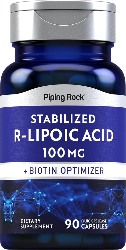 Piping Rock Stabilisasi R-Lipoic Acid 100mg 124; 90 Capsules 124; dengan Biotin Optimizer 124; Non-GMO, Gluten Free Supplemen