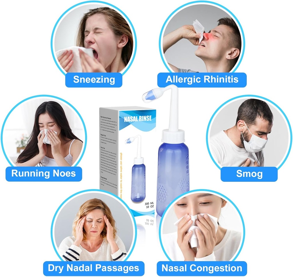 300 ML Nasal Rinse Neti Pot Sinus Rinse Bottle Gentle Nasal Bottle Nose Cleaner Comfortable for Adult & Kid Effective Pressure Irrigatio dengan 20 Nasal Wash Salt Packets BPA Free