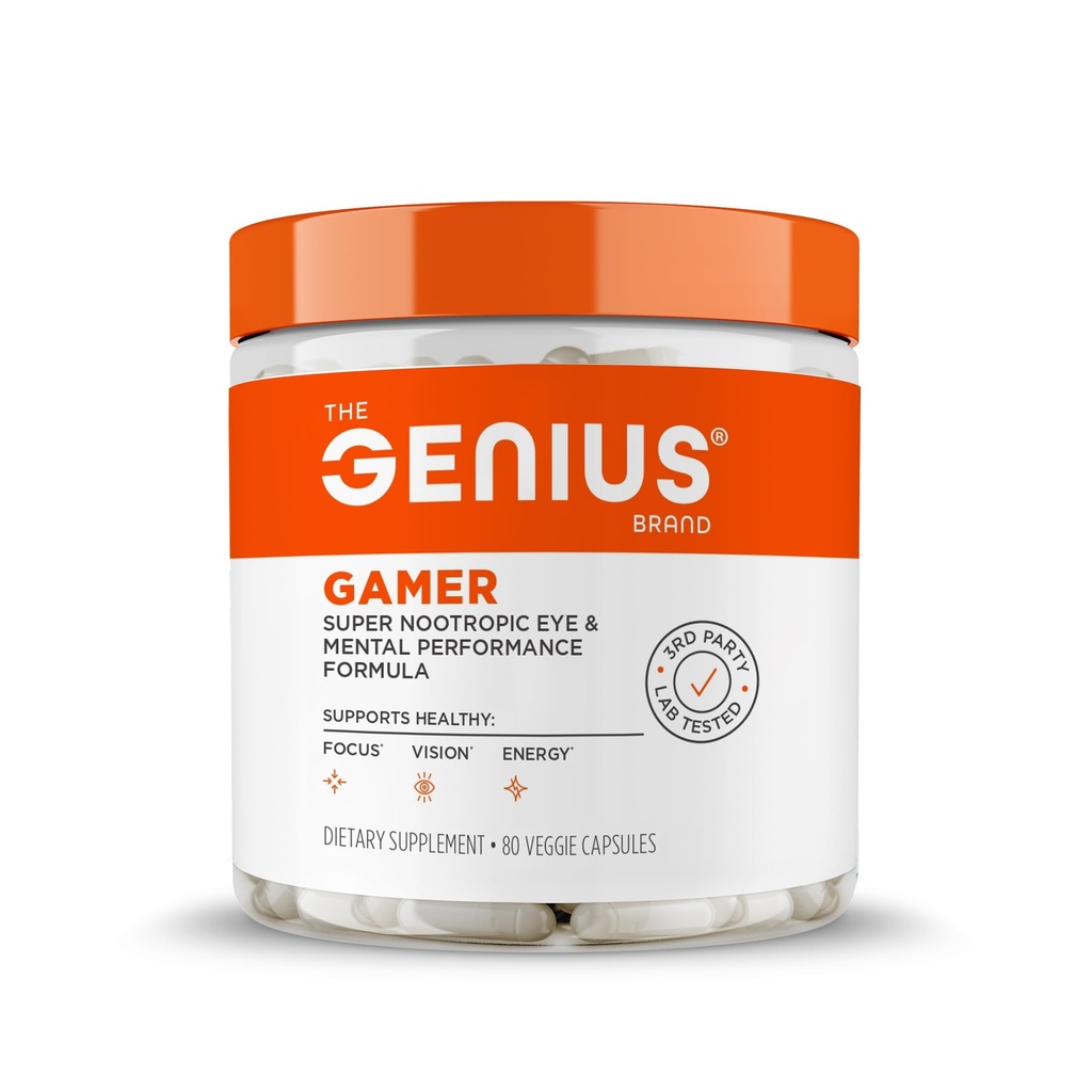 Genius Gamer, Suplemen Fokus Gaming, 80 Pil - Elite Nootropic Performance Booster - Boost Brain & Mental Clarity, Waktu Reaksi & Konsentrasi - Blue Light Dukungan dengan Lutemax