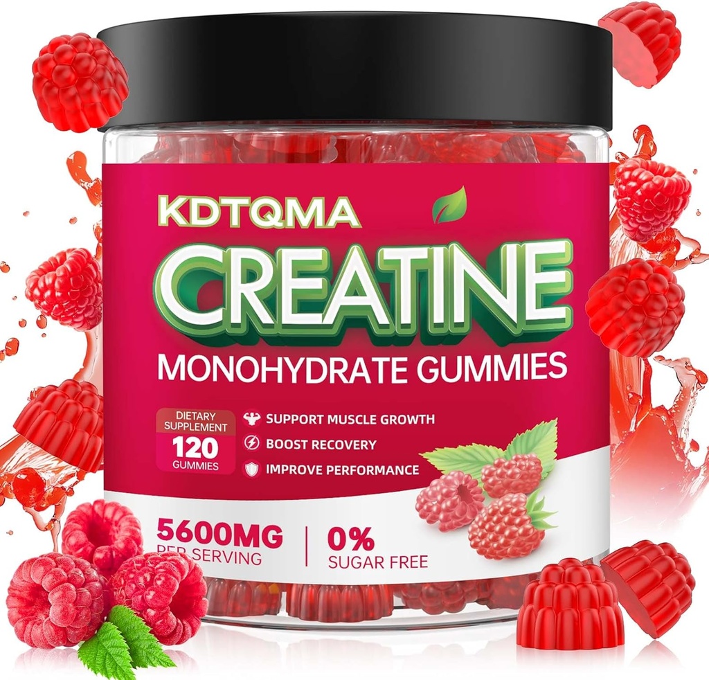Cretine Monohydrate Gummies for Men & Women 120 CT - 5600mg of Creatine Monohydrate per Serving, Chewable Creatine Monohydrate for Muscle Duction Boost, Sugar Free, Vegan (Raspberry Flavor)