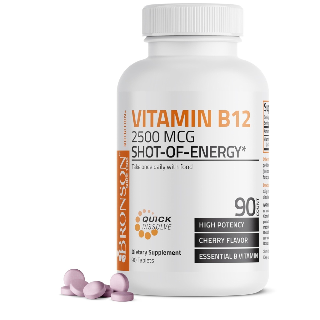 Vitamin B12 2500mcg Shot Of Energy Fast Dissolve Chewable Tablets - Quick Rilis Cherry Flavored Sublinual B12 Vitamin - Mendukung Sistem Gugup, Proses Fungsi Fungsi Otak Kesehatan - 90 Count