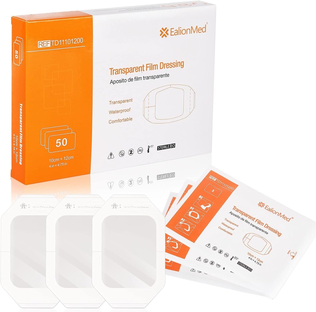 Gaun Transparan EalionMed, Perban Weund, Adhesive Patch, 4 "x 4.75", 50 Pack, Clear, Breathable, Comfortable, Shower Shield, Tattoo Bandage