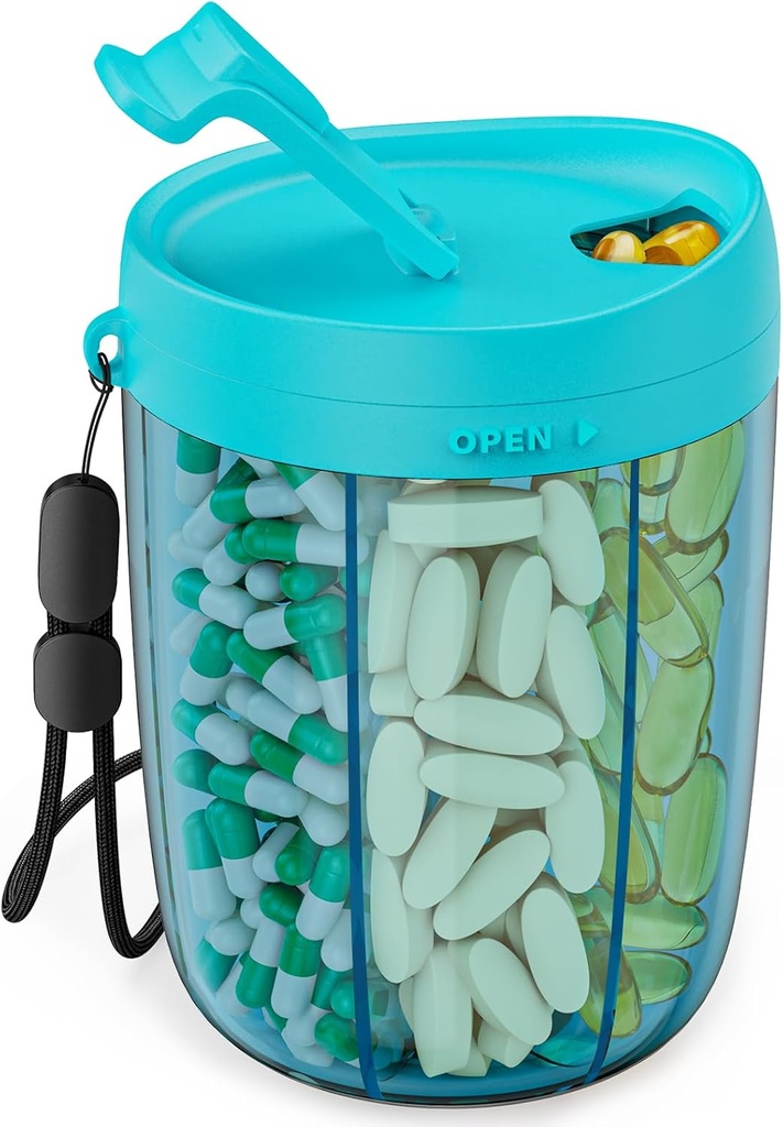 PULIV Large Pill Bottle Organizer, Advanization Organizer Tambahan 6 Berbagai Vitamin, Kotak Pil Kasus dengan Anti- Mixing & Wide Design Pembukaan, Mudah Mengambil Meds dan 20 Pcs Stick-on Label, Biru