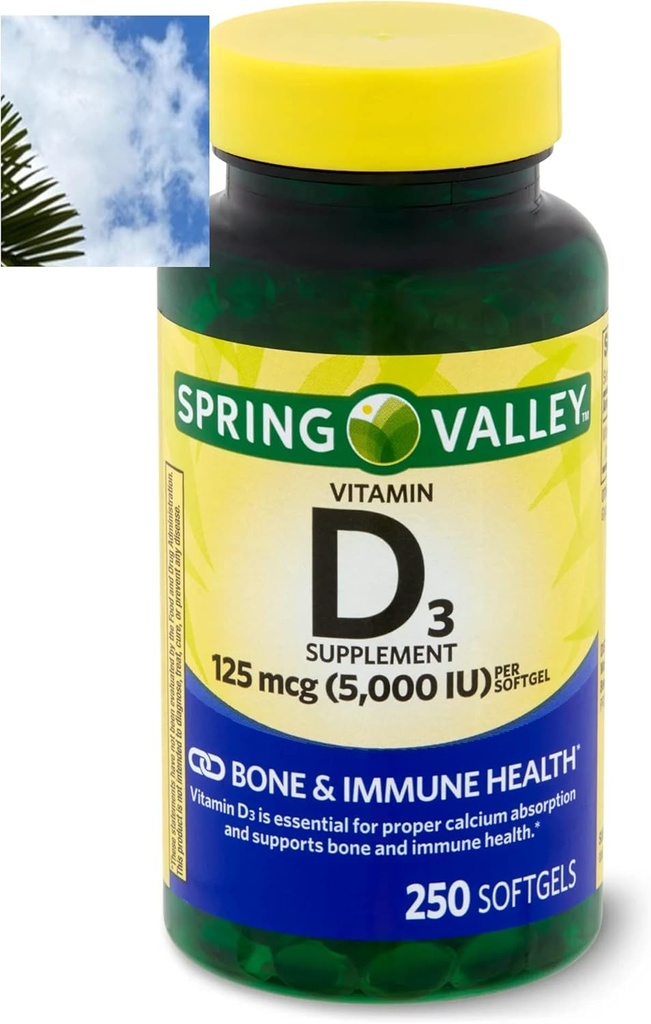 Spring Valley Vitamin D3 Softgels, 125 mcg per Softgel, 5.000 IU, 250 Count