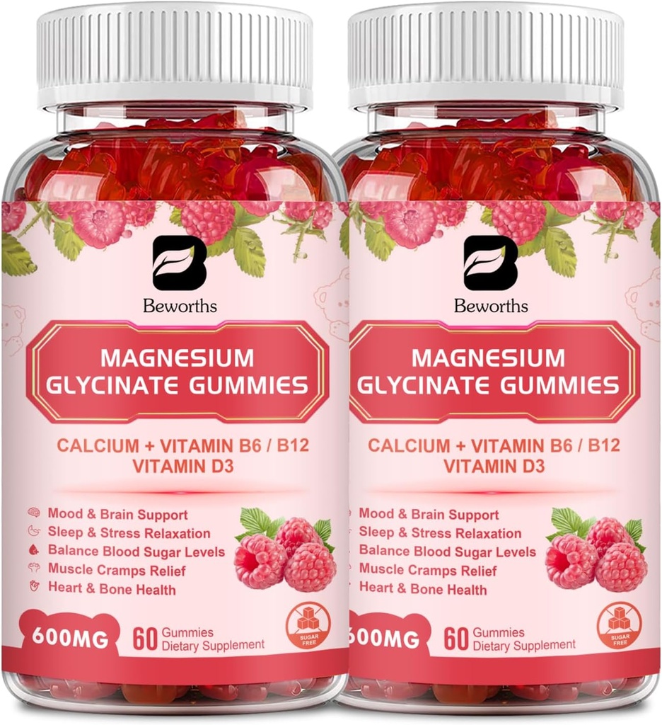 (2 Kemasan) 600 Mg Magnesium Glycinate Gummies, Magnesium Suplemen Magnesium Malate, Magnesium Citrate & Potorium, Support Malam & Gabungan, Boost Energi, Vegan & 0- Sugar, Raspberry 120 Count