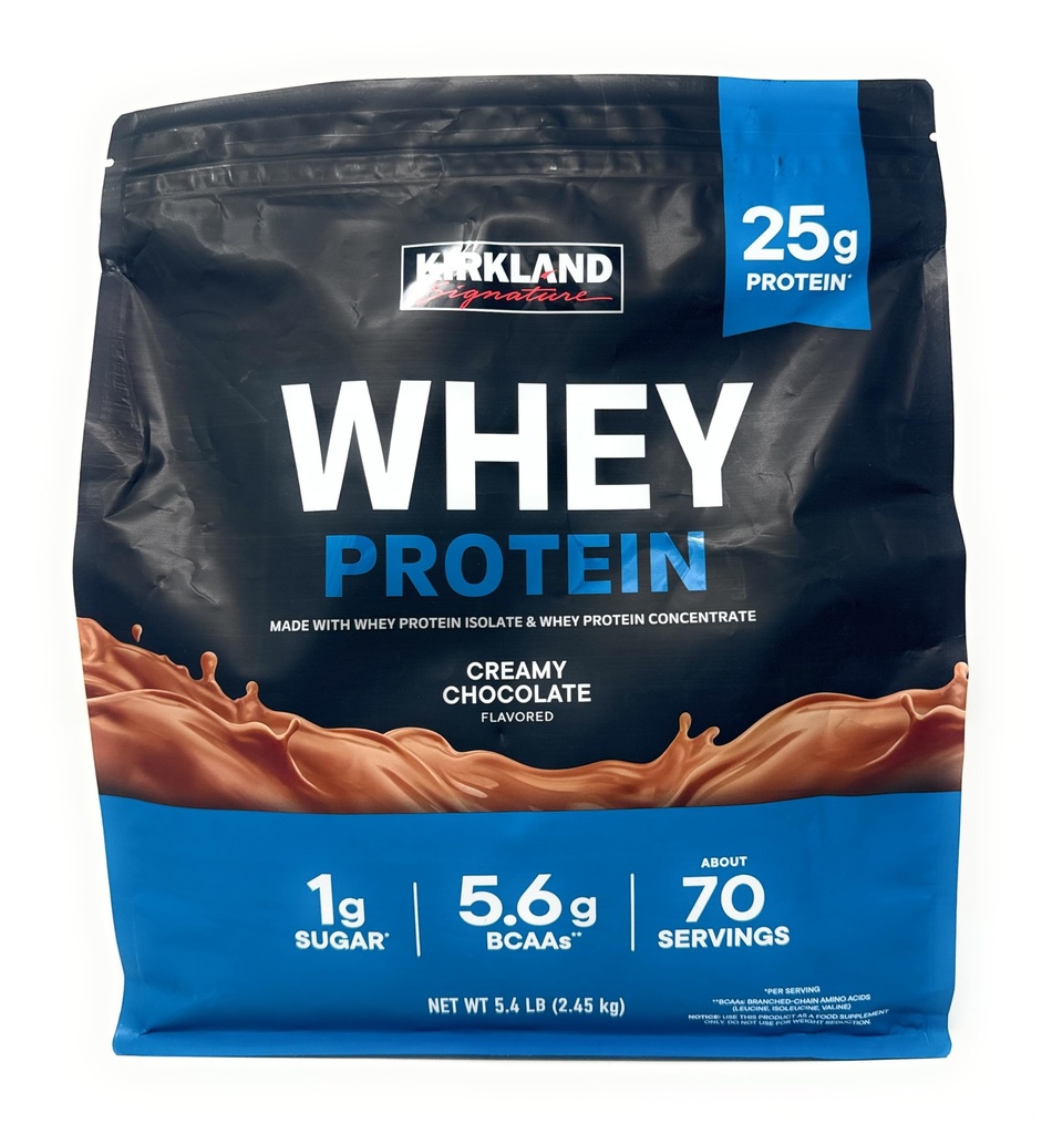 Kirkland Signature Whey 25g Protein, 1g gula, 5.6g BCAA, sekitar 70 Servings Creamy Chocolate Flavorted