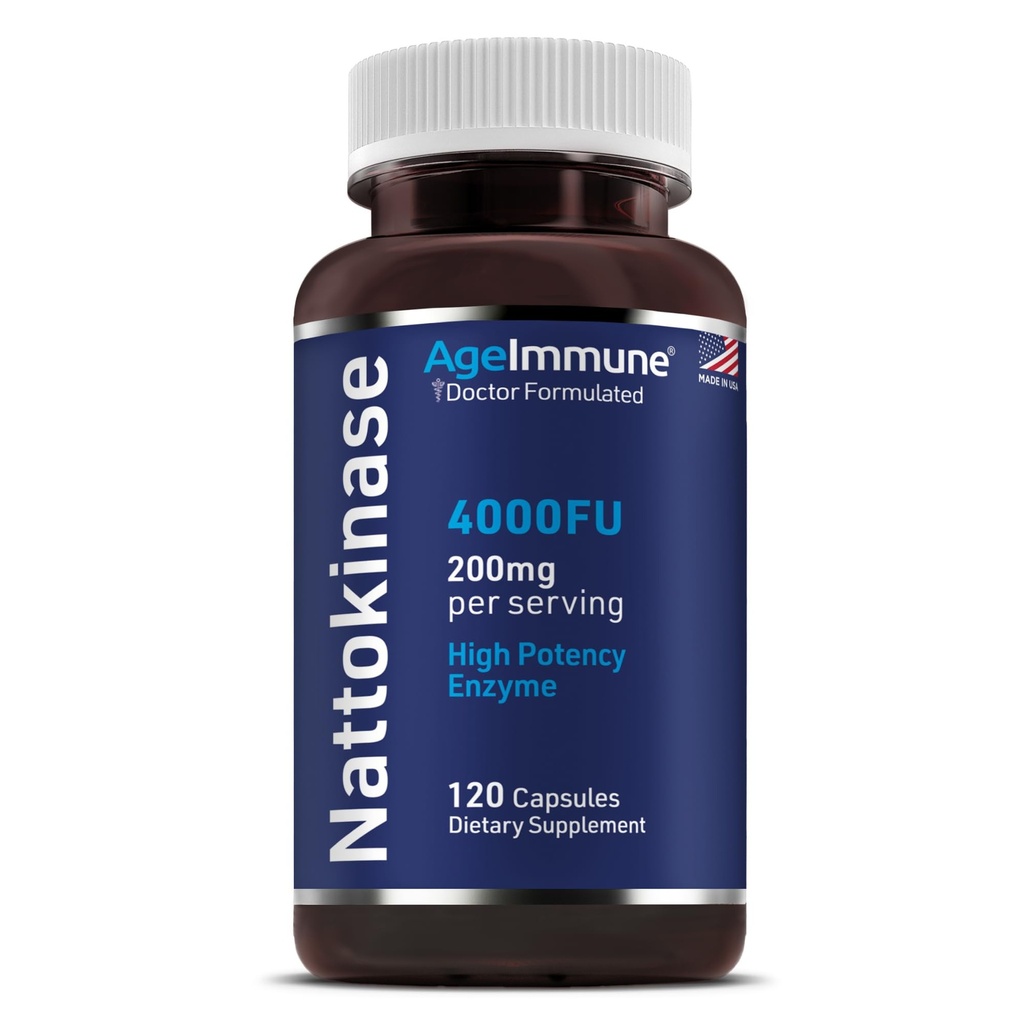AgeImune Nattokinase Suplemen 4000 FU 200mg - Enzyme - Cardiovascular Dukung 120 Capsules - Berasal dari Jepang Natto - Dibuat di Amerika Serikat tanpa Magnesium Stearate.