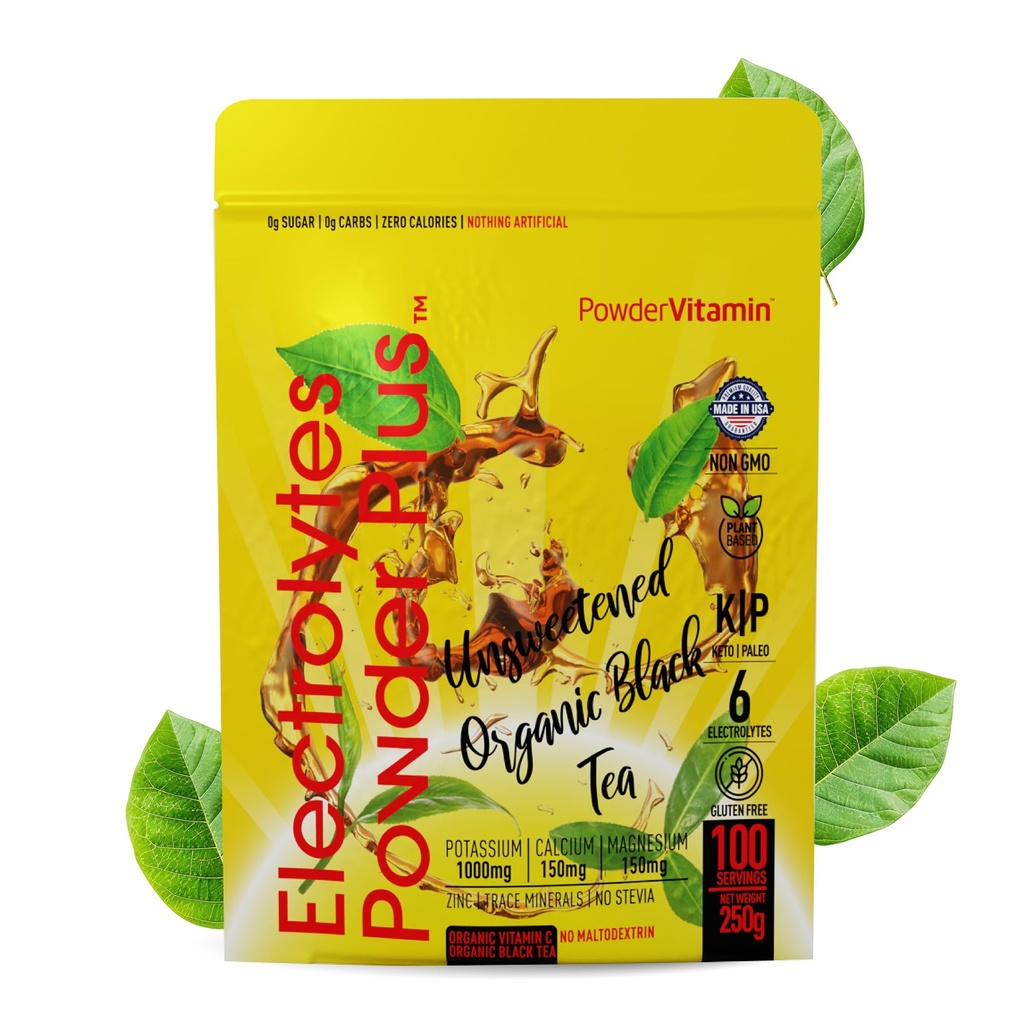 PowderVitamin Electrolytes Powder Plus (100 pelayan) Unsweetened Black Tea Electrolyte Powder Keto, SugarFree, Pink Himalaya Salt, 100mgPotel, 150mgCalcium, 150mgMagnesium, Hidration Powder NO STEVIA