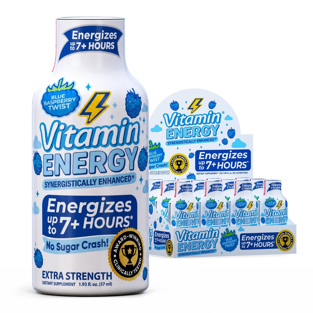 Vitamin Energy Immune + Extra Power Energy Shot Blue Raspberry 12 Pack, 260mg Natural Caffeine, B-Vitamin, Citicoline, Green Tea, Imunity & Focus Dukungan, Zero Sugar, Gluteng-Free 1.93 fl oz