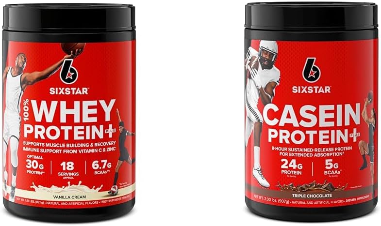 Six Star Elite Series 100% Whey Protein Plus Vanilla Cream 1.8lbs US & Casein Protein Powder Elite Casein Powder Slow- Digesting Miwarner Casein Protein