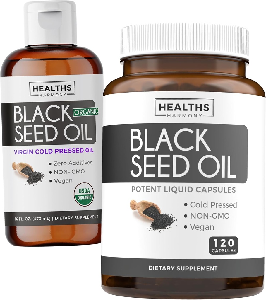 Cairan Minyak Benih Hitam & Soft- Gels (2- Bulan Suply) Liquid Benih Hitam & Capsule Combo (16f.oz & 120 Soft- Gel Capsules) 100% Premium Cold- Menekan Nigella Sativa Black Cumin Oil (Non-GMO)