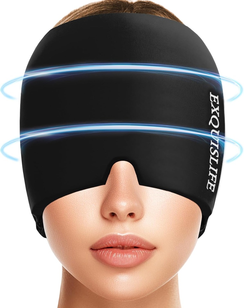 ExQUIFLE Migraine Ice Head Close, Headache Relief Hat for Migraine Cap, Hot and Cold Therapy, Headache Eyes Mask for Sinus, Puffy Eyes, Tension and Stress Relief (Black)