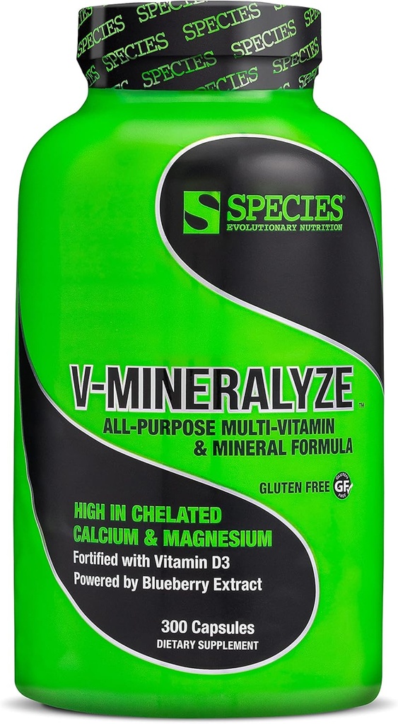 Species Nutrition V-Mineralyze All- Purpose Multivitamin, Vitamin C dan D3, Played Minetary, Blueberry Extract dengan Anti- Oxidant Properti, 300 Capsules