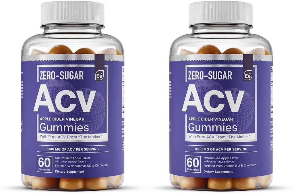 Elemen Escally Zero- Sugar ACV Apple Cider Vinegar Gummies dari "The Mother" - Affy- Soured, Vegan ACV Gummies dengan Chromium 60 Count (2- Pack)