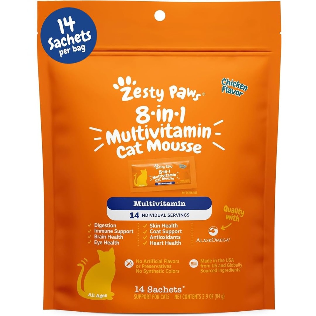 Zesty Paws 8-in- 1 Multivitamin Cat Vitamin & Supplemen Mousse - Cat Vitamin untuk Kucing Dalam - Kesehatan Memperas untuk Gut, Imune, Heart, Skin & Coat - Chicken 14ct