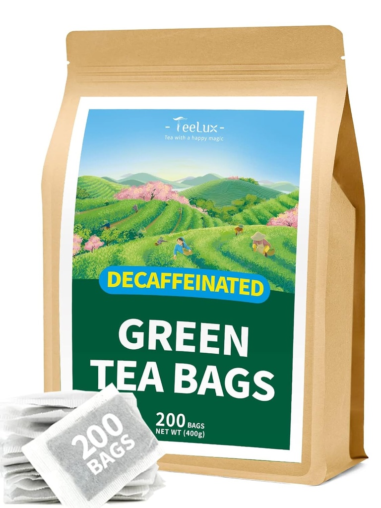 TeeLux Decaf Green Tea Bags, Pure Decainated Green Tea, Super Antioksidant, Hot & Iced Tea, 200 Count
