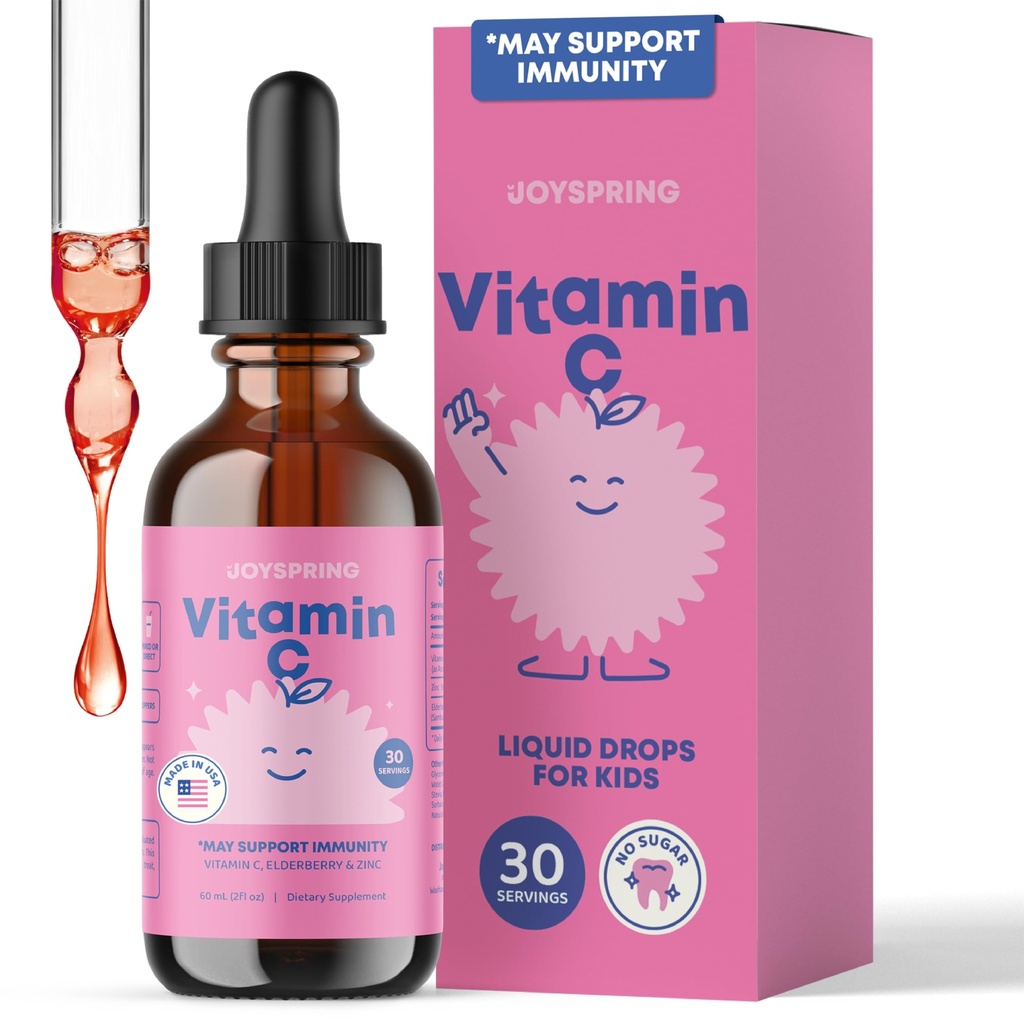 JoySpring Vitamin C dan Zinc for Kids, Elderberry Liquid Suplement Suplemen 124; Alcohol- Free Toddler Vitamin C 124; 2 + Years 124; (2 fl oz) 30