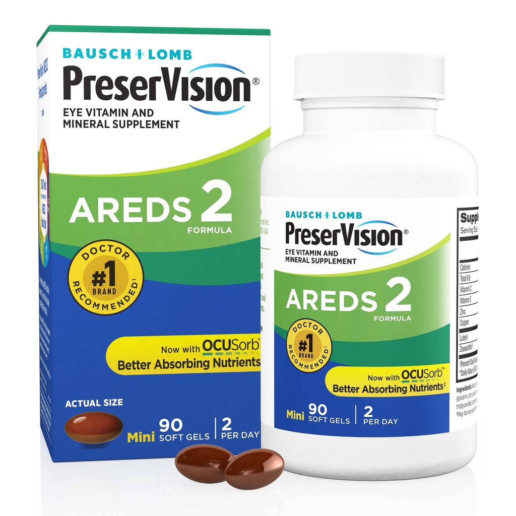 PreserVision AREDS 2 Eye Vitamin, # 1 Dokter Mata Disarankan Brand, Lutein dan Dalxanthin Suplemen dengan Vitamin C, Vitamin E, Zinc, dan Copper, 90 Softgels (Minigels)