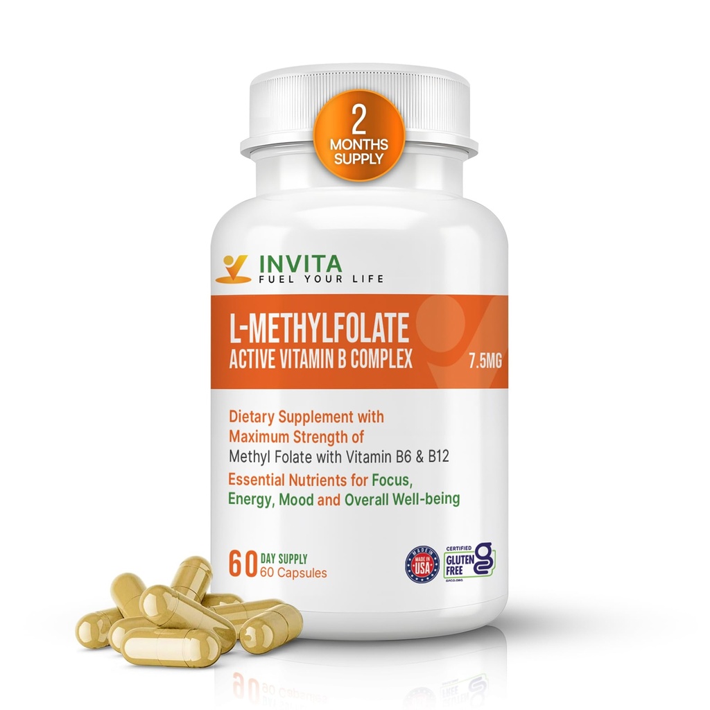 INVITA L- Methylfolat + B - 5- MTHF, B6, B2 & B12 Methylcobalamin B Kompleks - 60 Capsules - Professional Energy Active Methyl Foil - Non GMO, Gluten Free, No Filler (7.5 mg)