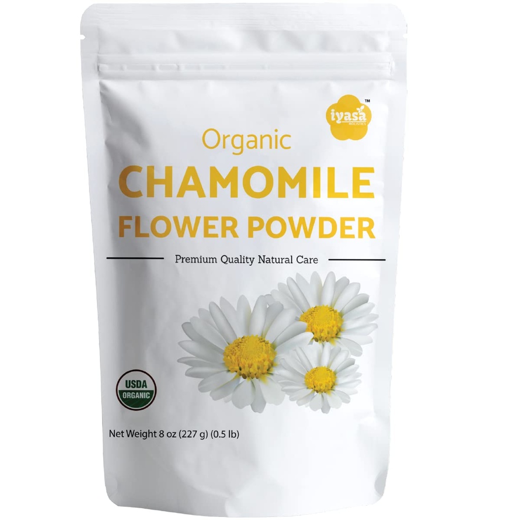 Iyasa Holistik Powder Organic Chamomile Flower, Tingkat Makanan untuk Baking, Memasak, Tea, Minuman Musim panas, Diy Skin dan Care Products, Natural Face Packs, Wajah delapan oz 223 gma