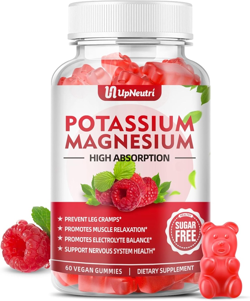 Potasium Magnesium Gummies for Dewasa Anak, Sugar- Free Potrate Cimmies Mendukung Kram Leg & Muscle & Heart Health, Vegan Magnesium Gulycinate Raspberry Flavor 60 Cts