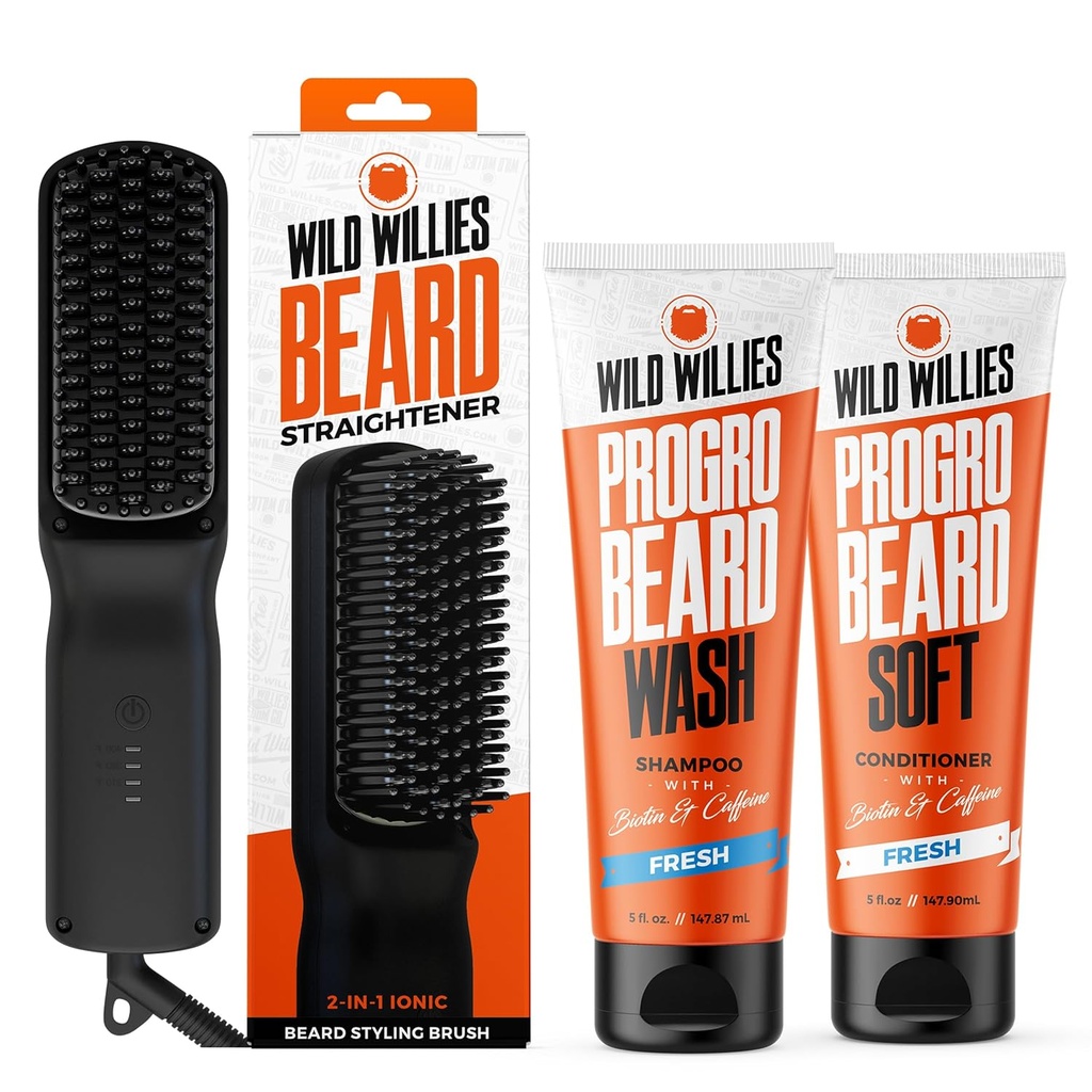 Wild Willies Grooming Kit - Beard Straightener for Men, PROGRO - Forened with Biotin & Caffeine for Hair Growth, Wash, Hydration - Ionic 2-1 Heated Comb Brush, Made in USA