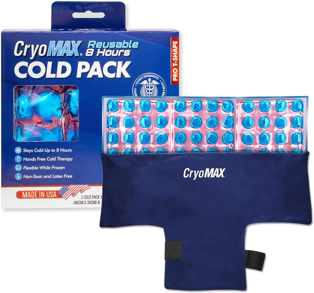 CryoMAX Reconable Cold Pack - 8- Hour Long- Lasting Cold Therapy Ice Pack, Adjustable Wearable Compress Straps, Best for Paid Relief, Injuries, Hip Surgery Swelling, and Migraines - T-Shape (1 Count)