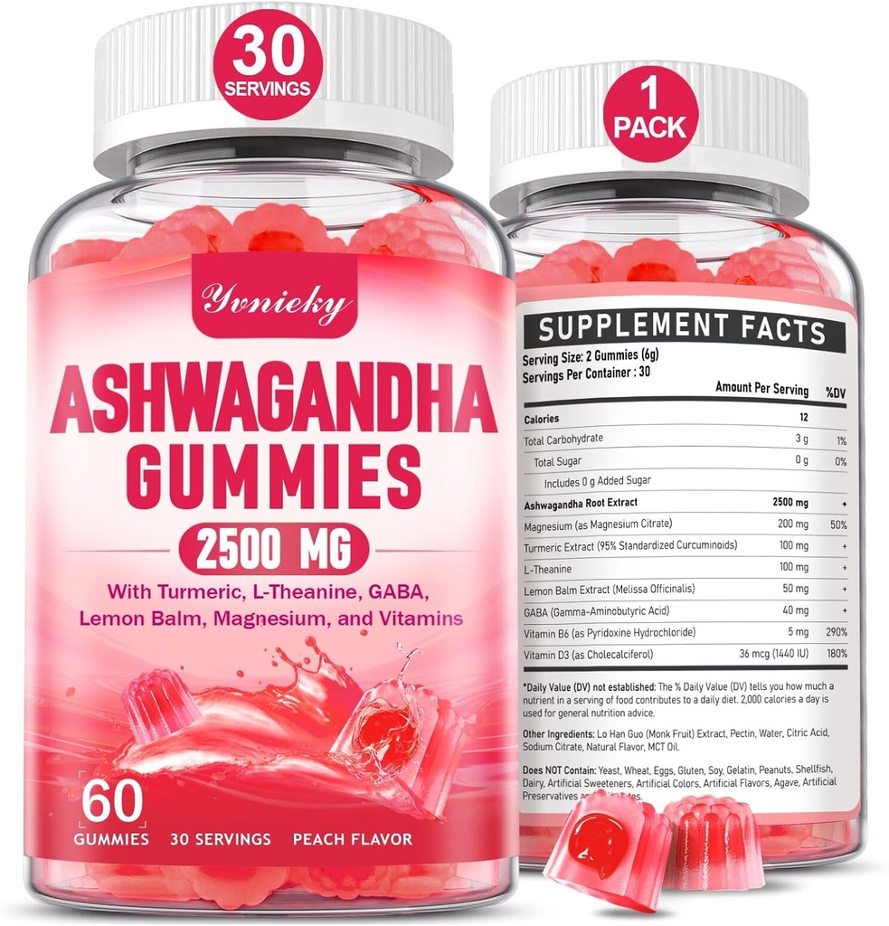Ashwagandha Gummies 2500mg for Women & Men: Ashwagandha Suplemen Gummy Extra Kekuatan dengan Turmeric, Vitamin D3, L- Theanine, Magnesium - Filled Gummies, Strawberry Flavor, Vegan, Non-GMO