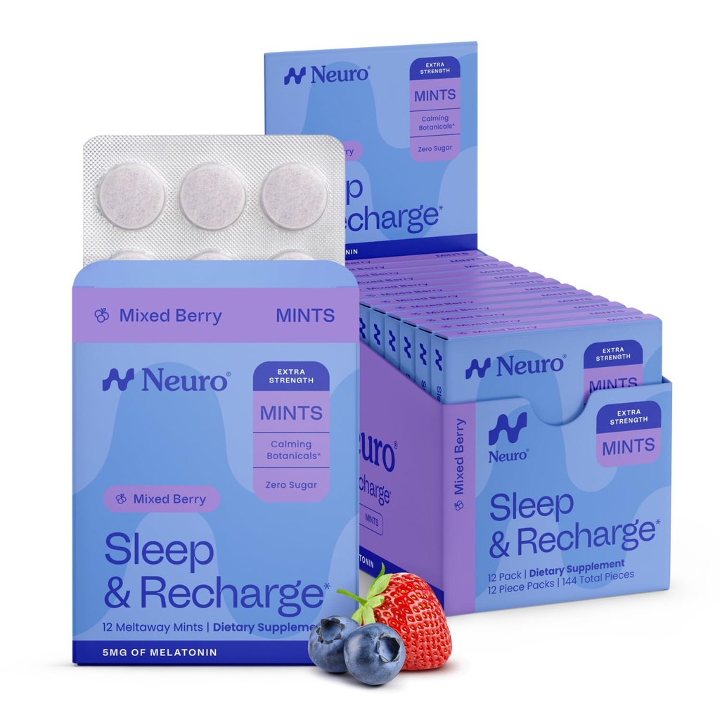 Neuro Melonatin 5mg Sleep & Recharge Mints (144 Piesses) - Quast Dissolve Melonatin Sugar Free Mints dengan Lemon Balm & Chamomile untuk Better Sleep Supplemen untuk Dewasa - Malam Berry Flavor