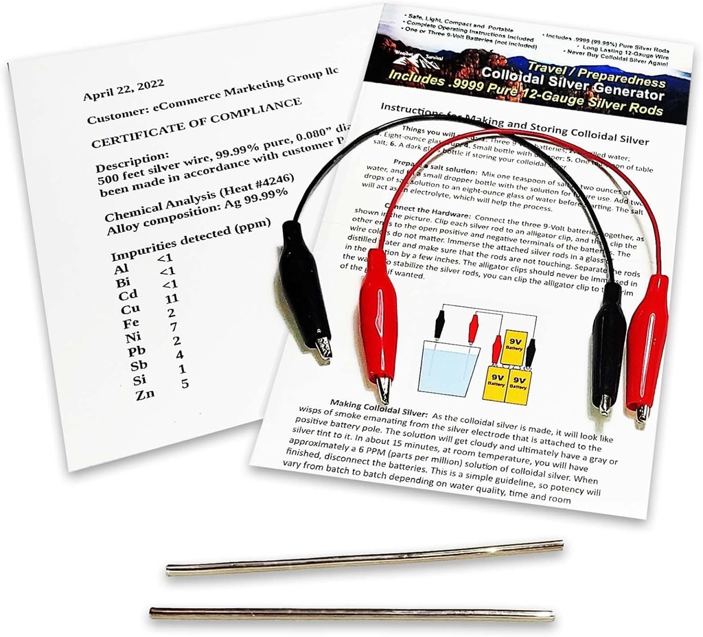 Colloidal Silver Generator Wire 99,99% Pure 12- Gauge (0.08 in. / 2.06 mm) Set (2) 4 - Inch Rods + Mini / Travel Generator - termasuk Wires + Complete Instruksi
