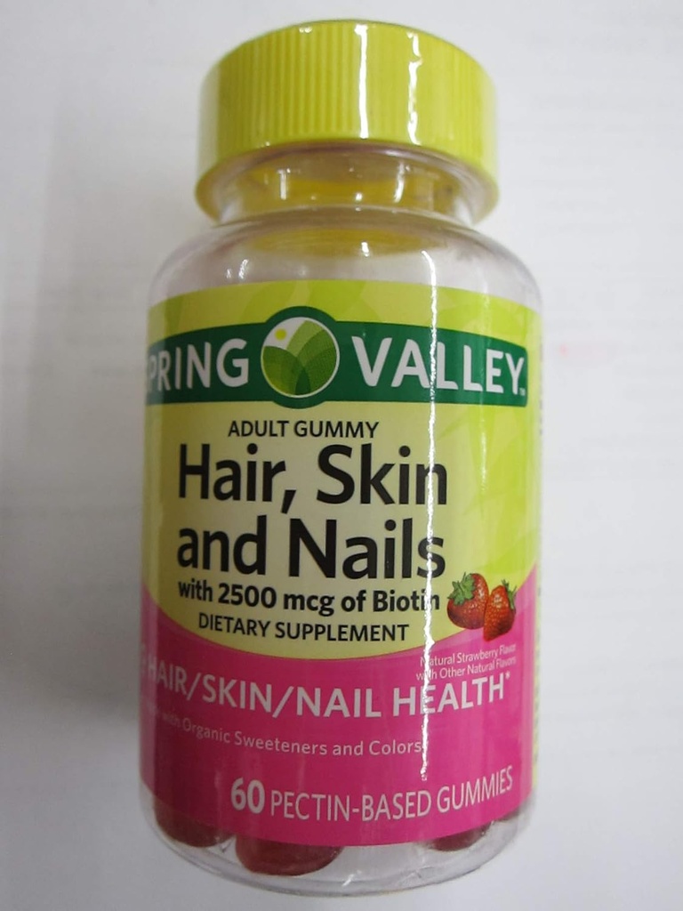 Spring Valley Dewasa Rambut, Kulit, Nails, 2500 mcg Biotin, Strawberry, 60 Gummies (Paket 2)