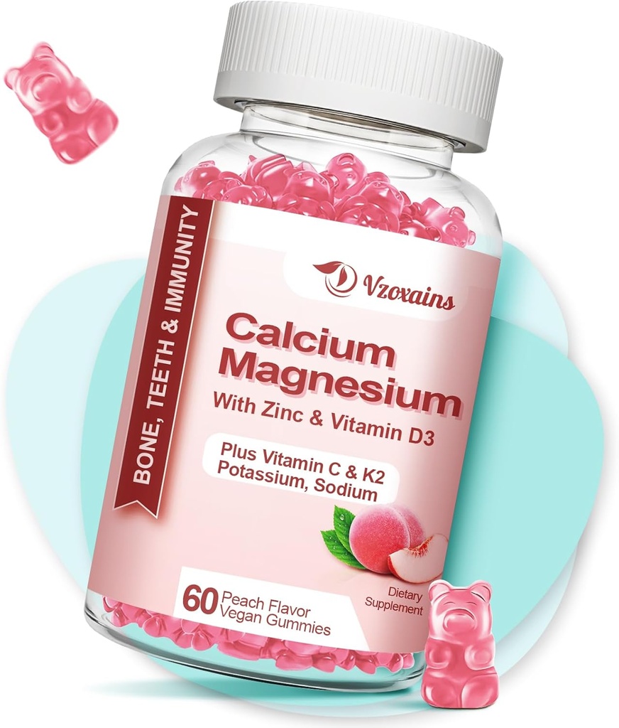 Hambatan Tinggi Kalsium Gummies, Sugar Free Kalsium Magnesium Gummies dengan Vitamin D3 untuk Pria dan Wanita, Peach Flavored 60 Cts