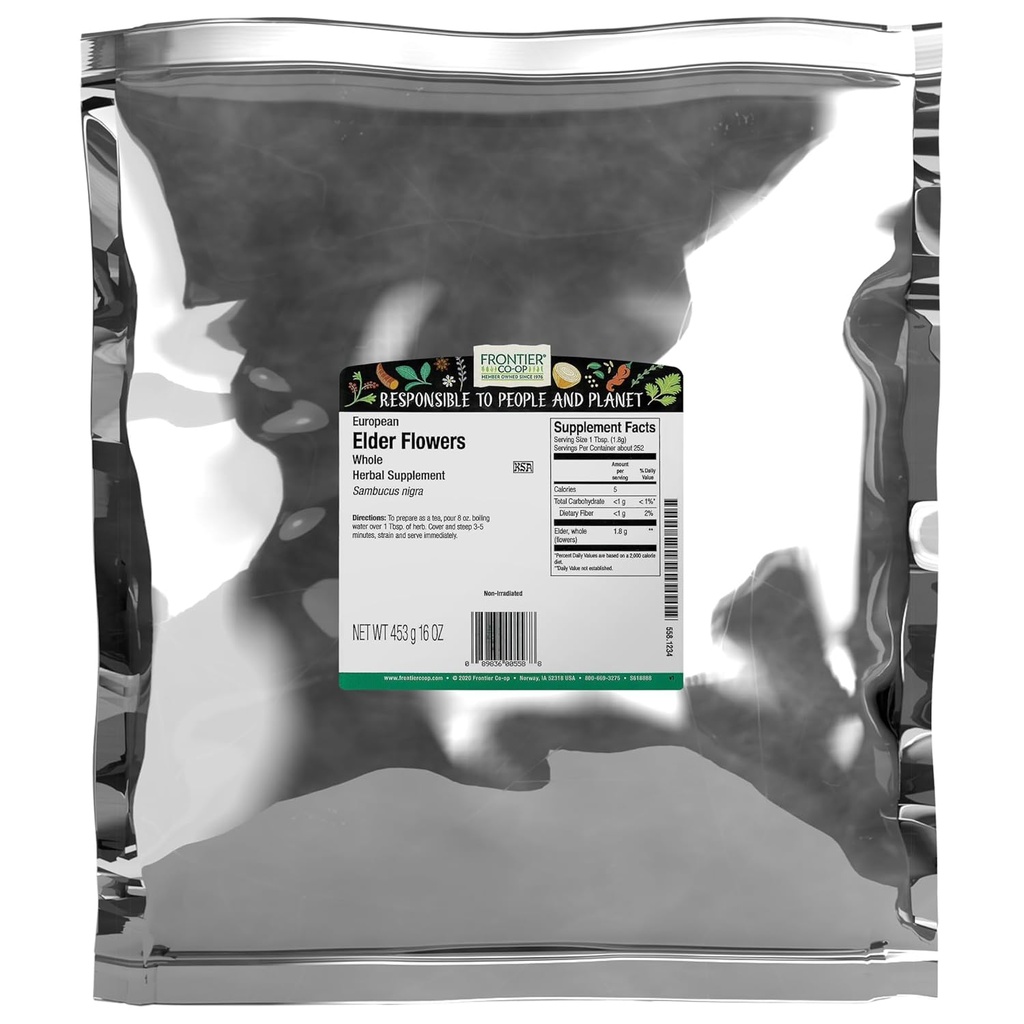 Frontier Co-op Dry Elder Flowers, 1lb Bulk Bag 124; European Whole Elderflower untuk Cuminary & Herbal Use 124; Ideal for Elderflower Tea, Kosher