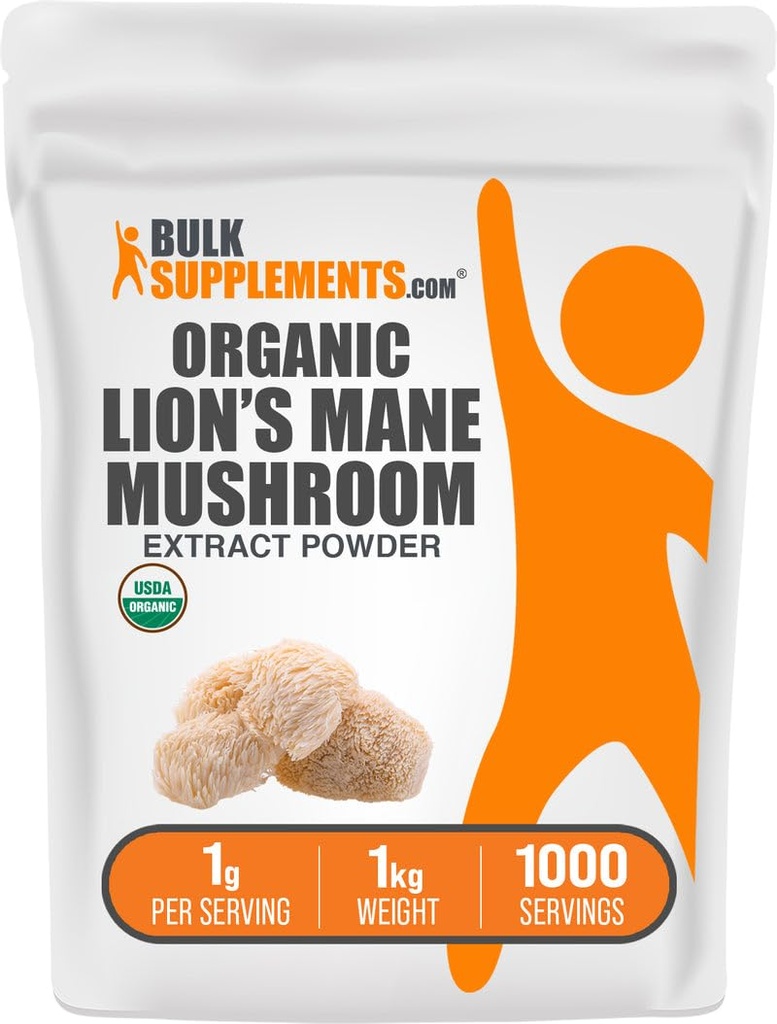 BulkSuplements.com Organic Lion 's Mane Mushroom Extract Powder - Lions Mane Applimender, Superfood for Well- Being - Vegan, 1g per Serving, 1kg (2.2 lbs) (Pack 1)