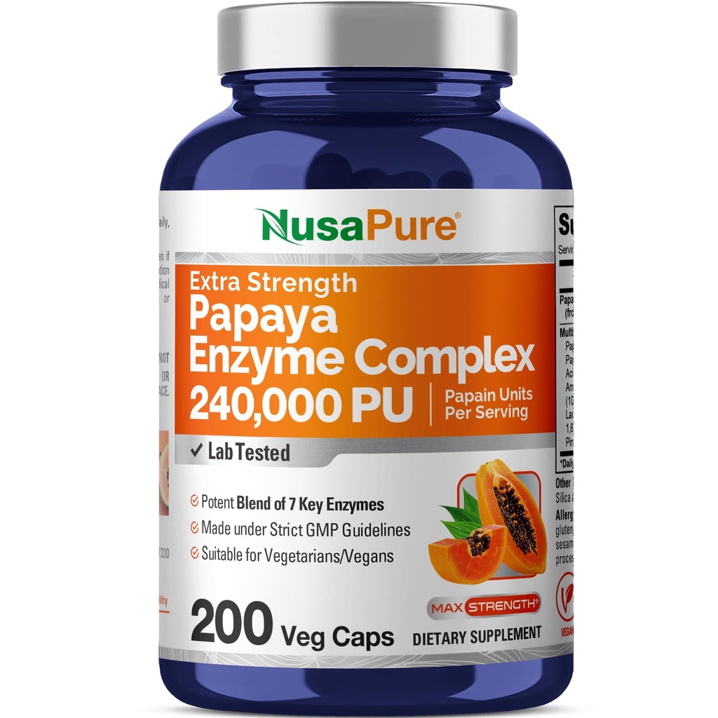NusaPure Papaya Enzyme Complex 240.000 PU - 200 Veggie Caps - 100% Vegetarian, Non- GMO