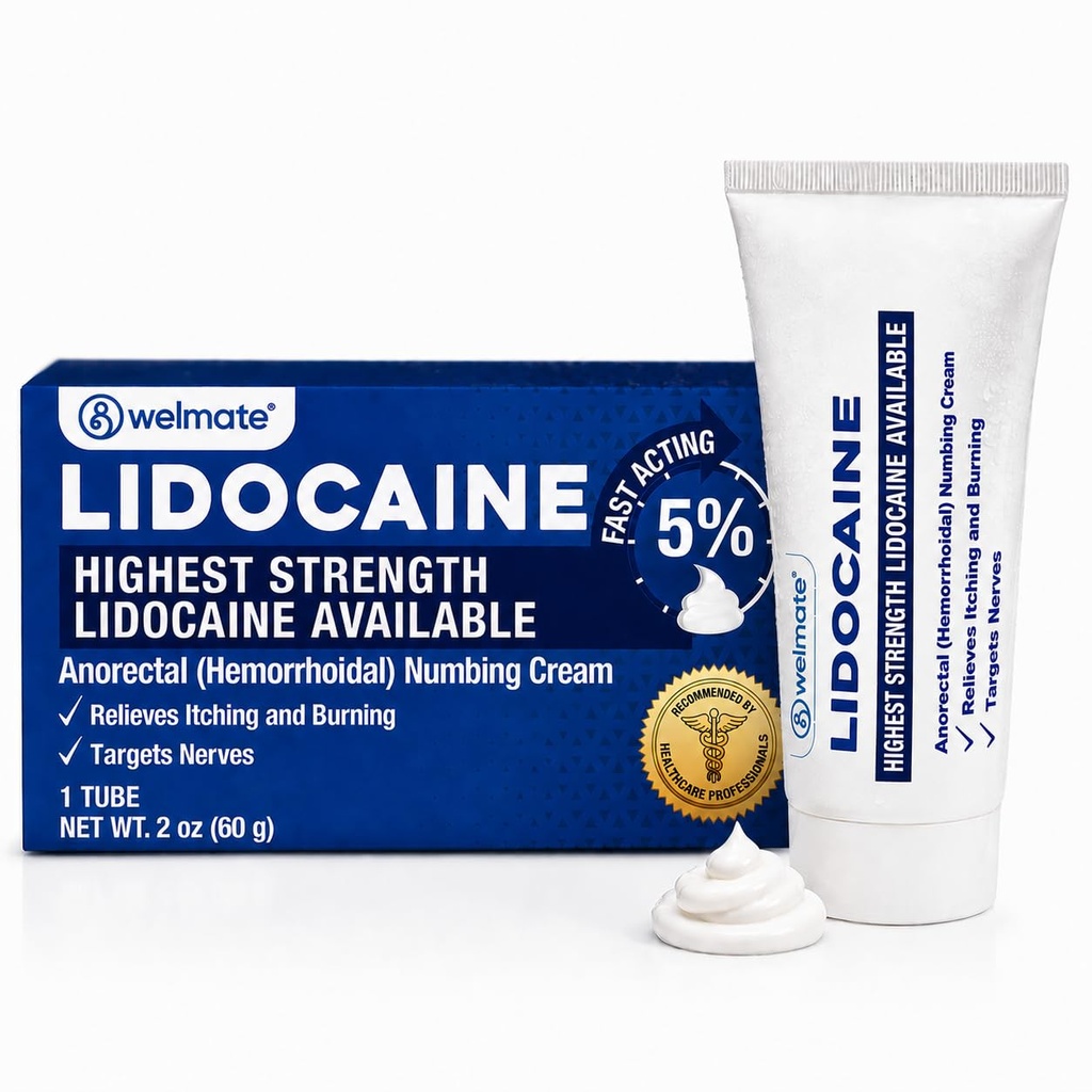 WELMATE - 5% Lidocaine Nuring Cream, 2oz (60g) - Maximum Power Lidocaine Cream - Relidoid Hebrihoid Relief - Eksternal Gunakan Anestesi, Vitamin E - Child Resistant - Topical Skin Care