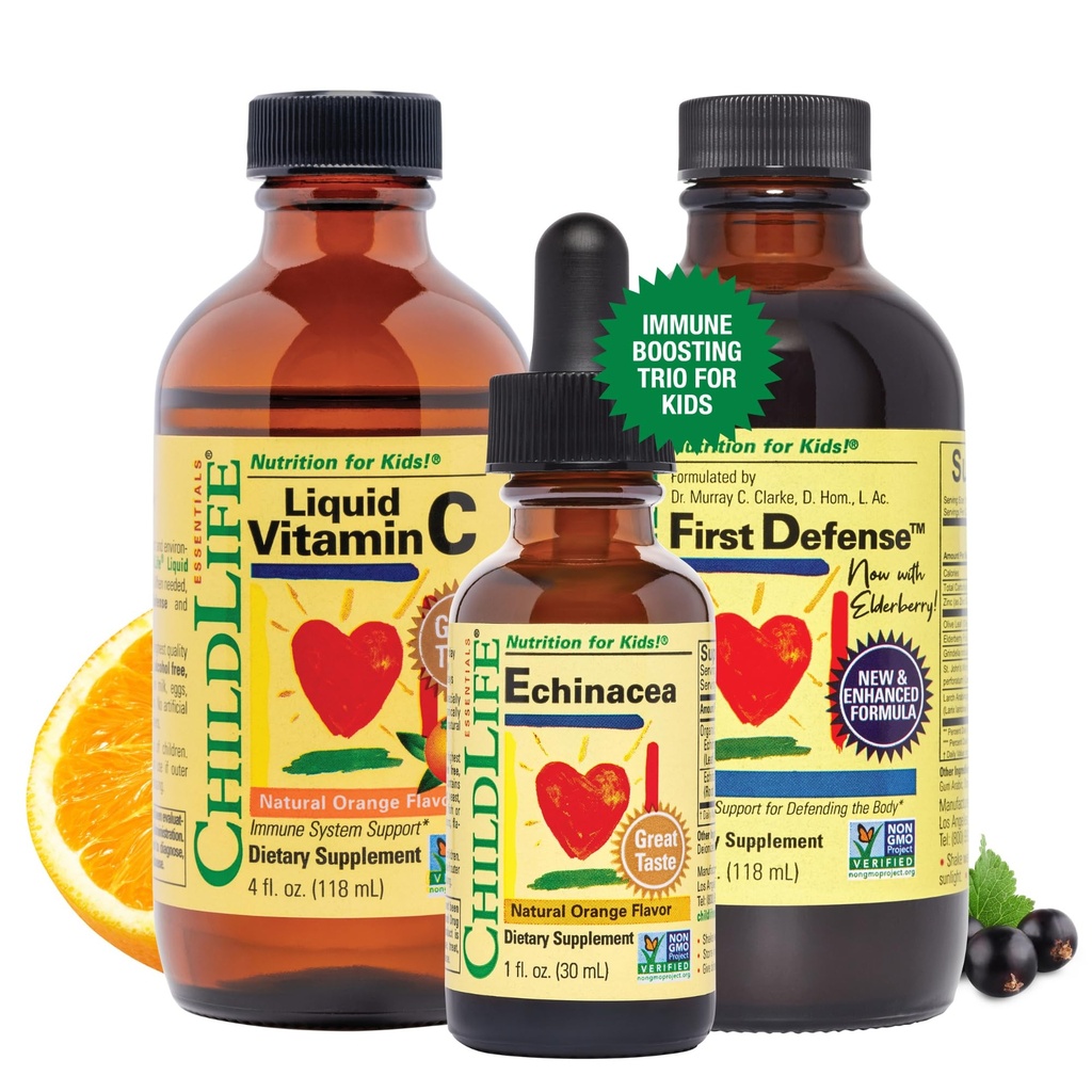 CHILDLIFE ESSENTIALS Imune Support 3-Pack - Liquid Vitamin C, First Defense, and Echinacea - Supplemen Kebal Ammune untuk Bayi, Toddlers, dan Anak