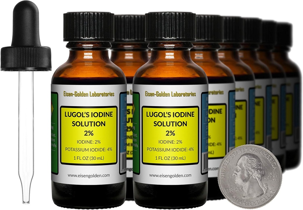 Lugol 's Iodin / 2% Solution / 12 Oz dalam Twelve Amber Glass Bottles / Free Droppers / USA