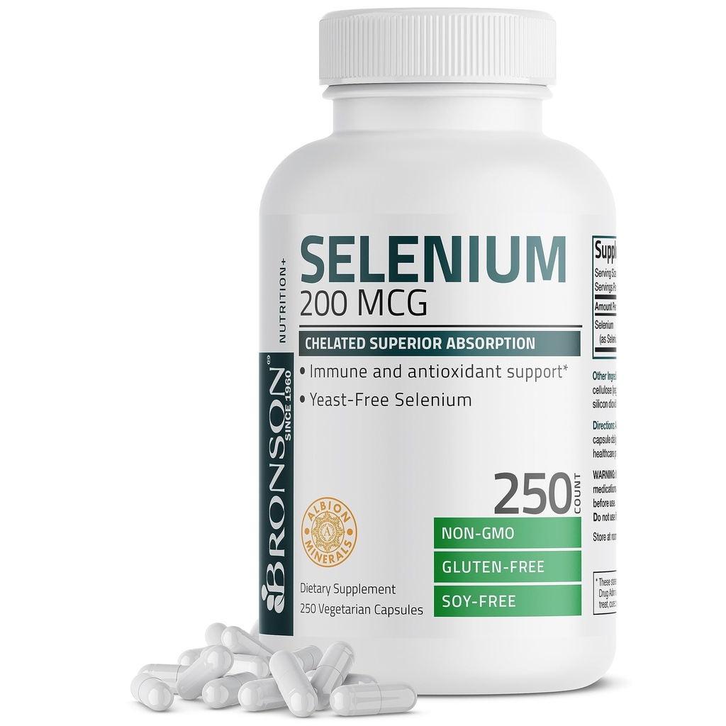 Bronson Selenium 200 mcg - Yeast Free Chlated Acid Complex - Estial Trace Mineral with Superior Absorpsi, 250 Vegetarian Capsules