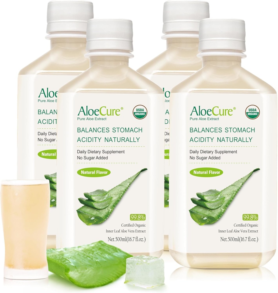 AloCure USDA Organic Aloe Vera Juice Made In 12 Hrs of Harvest - Pure Aloe Juice Natural Digetical Suppport Dibuble, Imune System and Balanced Stomach Acidity, 4 x 500ml Botol