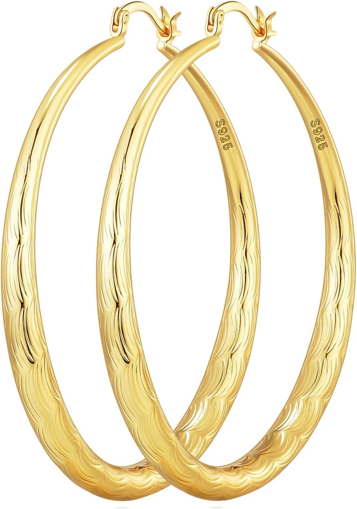 OOPEL 925 Sterling Silver Hoop untuk Women Gold Hoop Earrings Hypolergenic Diamond- Cut Ripples Designed - Bukan Tarnish Besar Hoop Earrings (30 / 40 / 60 / 70mm)